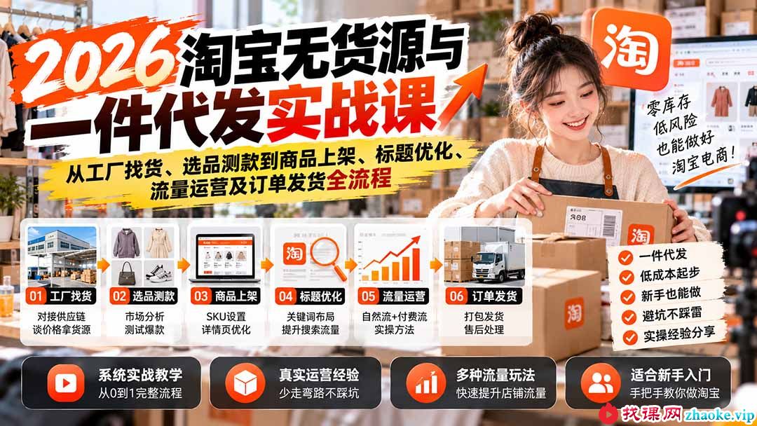 （20903期）2026淘宝无货源与一件代发实战课：从工厂找货、选品测款到商品上架、标题优化、流量运营及订单发货全流程