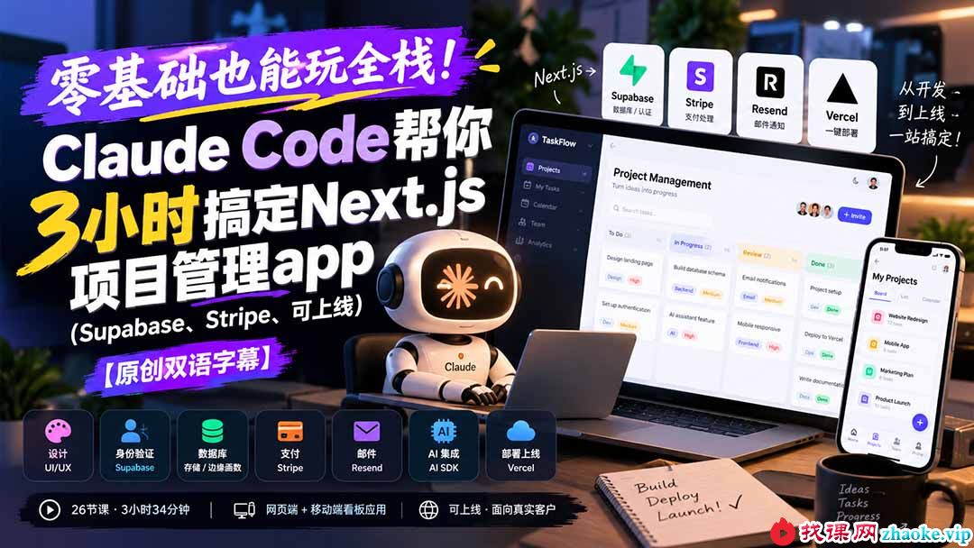 （20907期）零基础也能玩全栈！Claude Code帮你3小时搞定Next.js项目管理app（Supabase、Stripe、可上线）【原创双